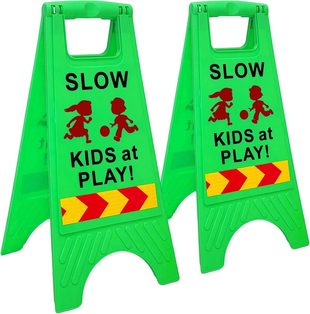 Slow Kids at Play Sign, Children at Play Safety Signs with Double-Sided Text and Graphics with Reflective Tape for Street Neighborhoods Schools Park Sidewalk Driveway Green 2Pack