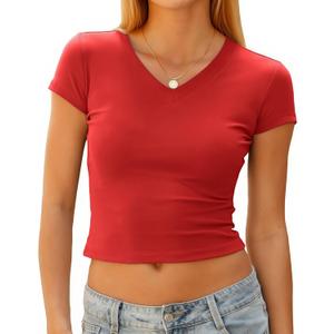 Women's Basic V Neck Short Sleeve T Shirts Summer Cute Baby Tee Slim Fit Cotton Tops (Red, S)