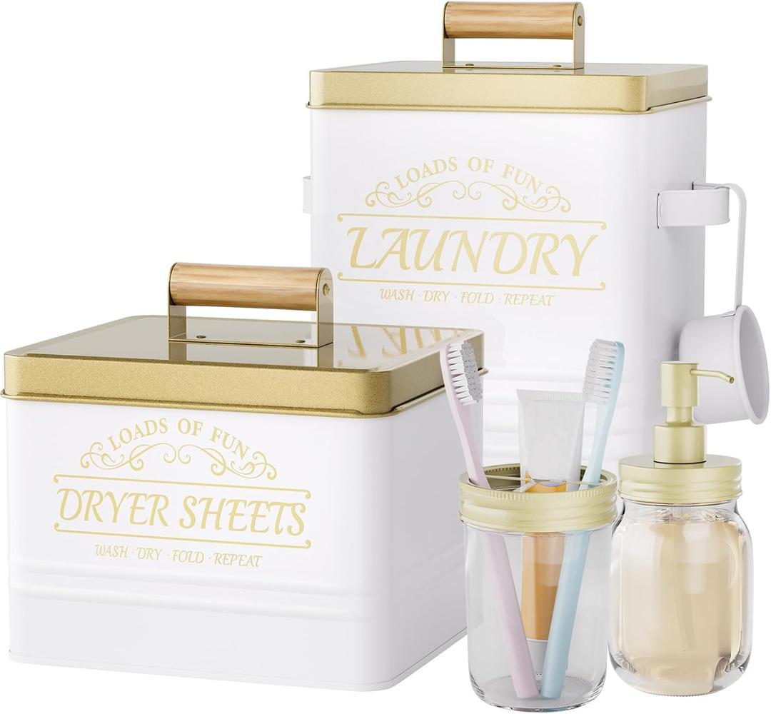 BSSN Laundry Pods Container with Dryer Sheet Holder  White Farmhouse Metal Storage Set Holds 150 Pods + 300 Sheets, Glass Soap Dispenser and Toothbrush Holder  Laundry Room Organization and Storage
