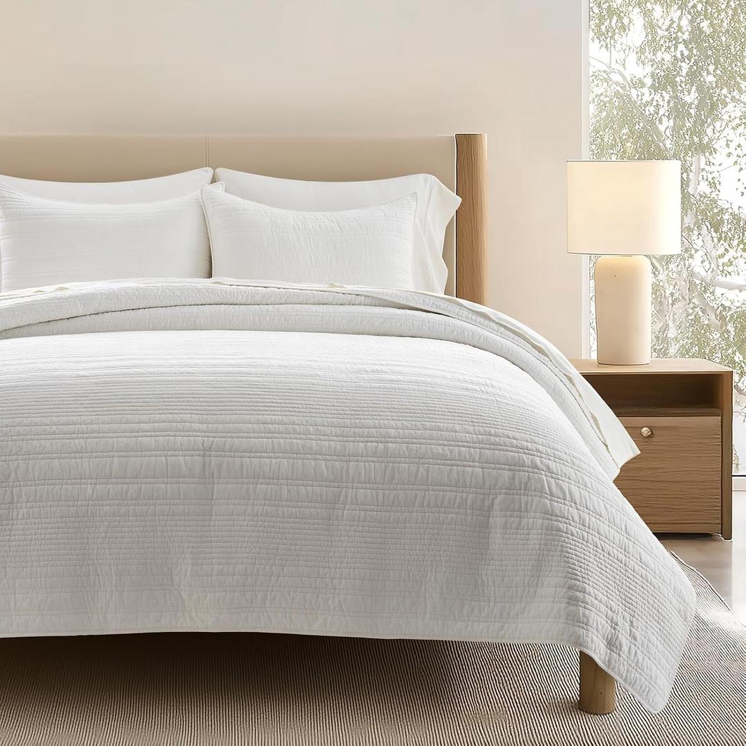 EVERGRACEHOME 100% Cotton Modern Lines Quilt Set King Size, Pre-Washed Soft Striped Coverlet Bedspread, 3 Piece Lightweight Bedding Set for All Season, with 2 Pillow Shams, Bright White