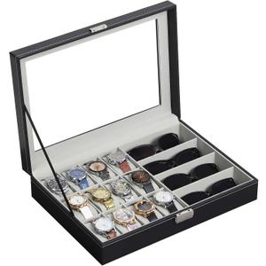 AUTOARK Leather 12 Watch Box Jewelry Case and 4 Piece Sunglass Eyeglasses Organizer,Mens Women Storage Holder Boxes,Large Glass Top,Black,MKAW044 (16 Slot)