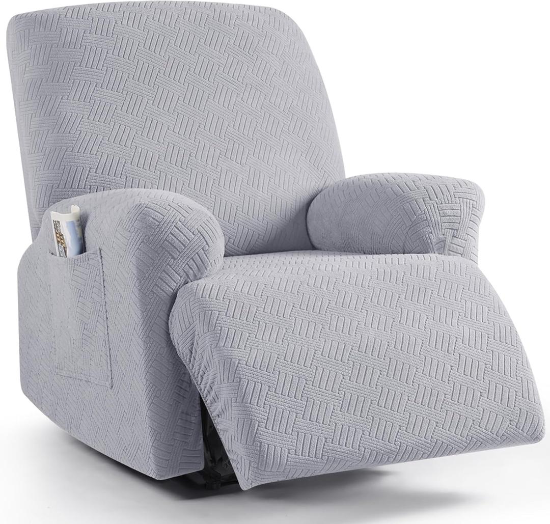 KinCam Recliner Covers, Stretch Reclining Chair Covers, Recliner Sofa Slipcovers Stripe Jacquard Recliner Couch Covers Furniture Protector Covers for Pet Kid (1 Seater, Silver Gray)