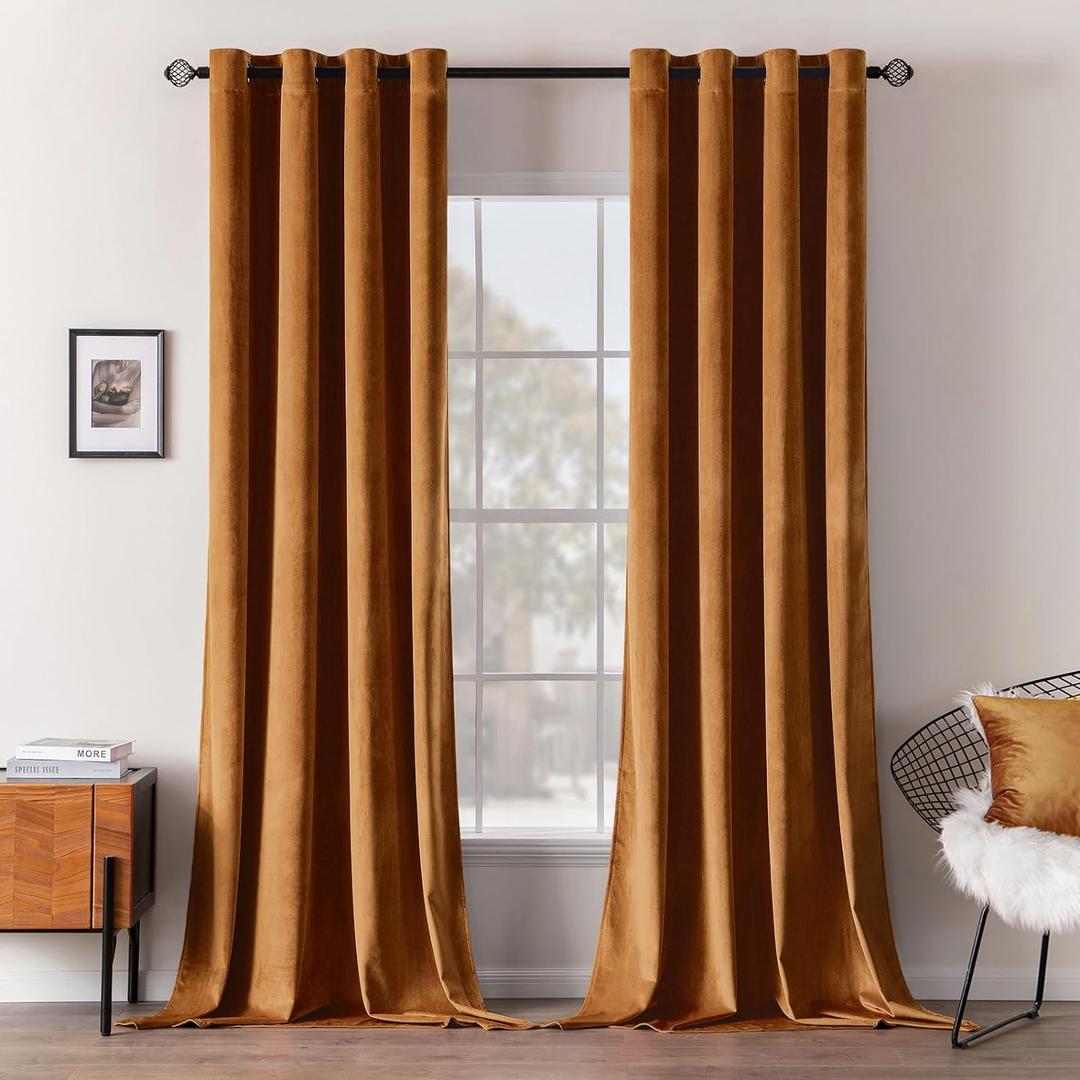 MIULEE Velvet Curtains Gold Brown Elegant Grommet Curtains Thermal Insulated Soundproof Room Darkening Curtains/Drapes for Fall Living Room Bedroom Decor 52 x 84 Inch Set of 2, Pumpkin Brown
