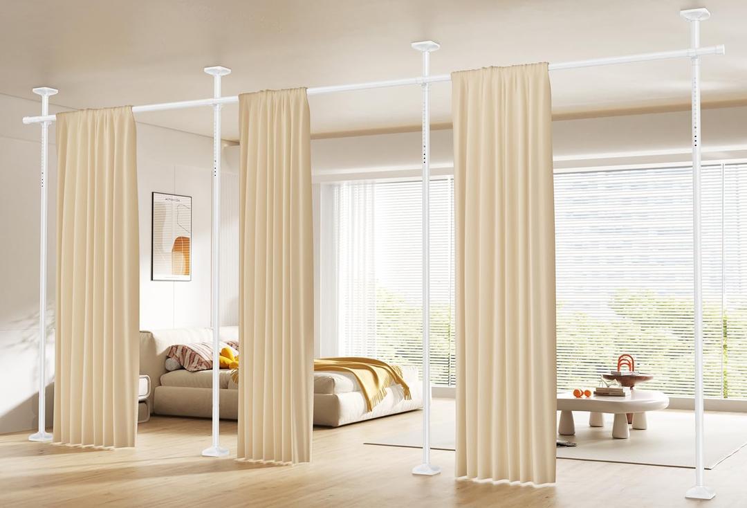 SUNALLY Room Divider Curtain Rod, No Drilling Wall Divider for Room Separation, 4-10ft(H) 28-171inch(W) Adjustable Heavy Duty Partition Space Separator Freestanding Tension Curtain Stand, White