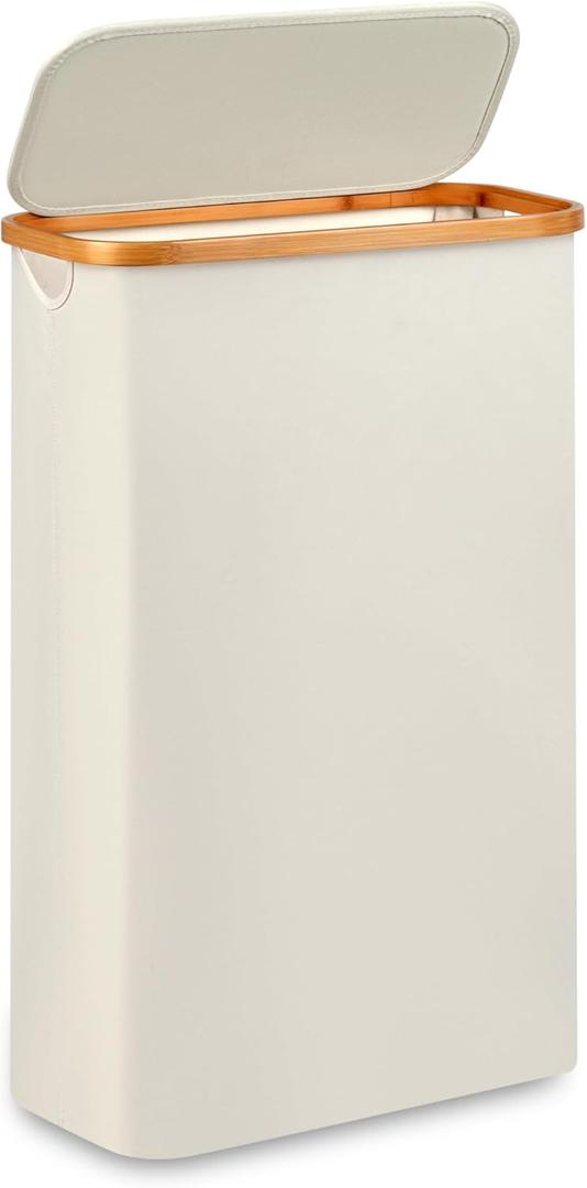 Slim Laundry Hamper,Narrow laundry Hamper with Lid,60L Hamper for Laundry,Dirty Cloth Hamper with Bamboo Handle for Toys,Towels, Clothes Organizing,Beige