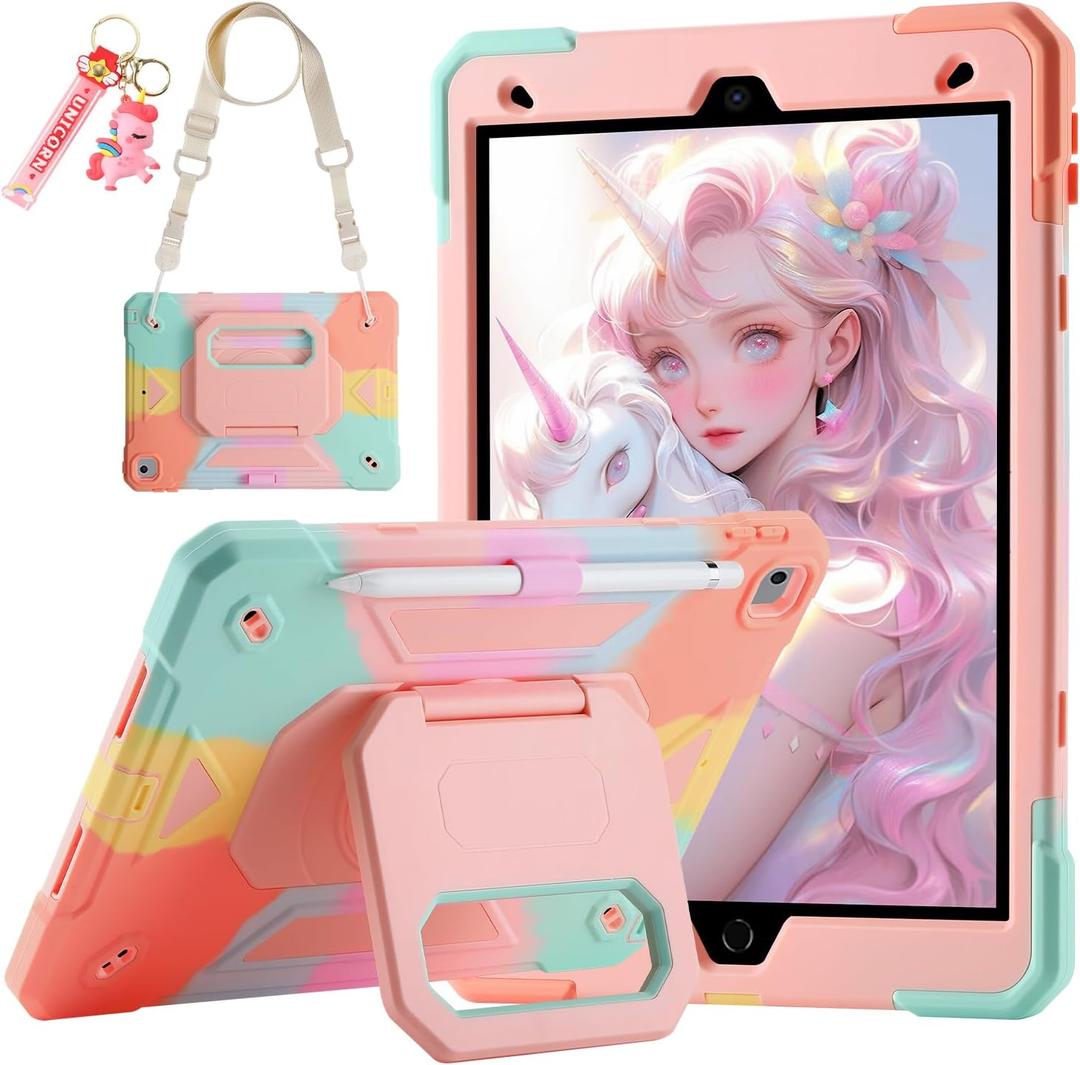 For iPad 9th/ 8th/ 7th Generation Case (iPad 10.2 inch Shockproof Case) with 360 Rotating Grip Magic Stand, Pencil Holder/Keychain/Carrying Shoulder Strap for iPad 10.2 inch (Colourful)