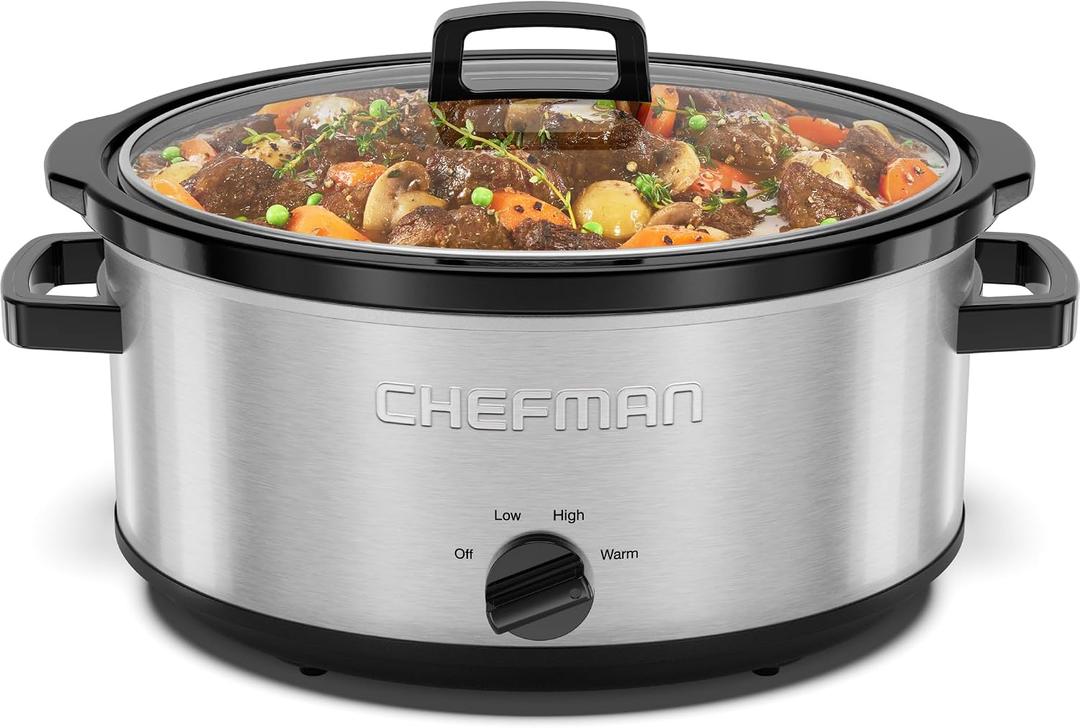 Chefman Slow Cooker 7 Quart, Large Family Size Slow Cooker with Low, High & Warm Settings, Removable Ceramic Crock, Tempered Glass Lid, Dishwasher-Safe for Easy Cleanup, Stainless Steel