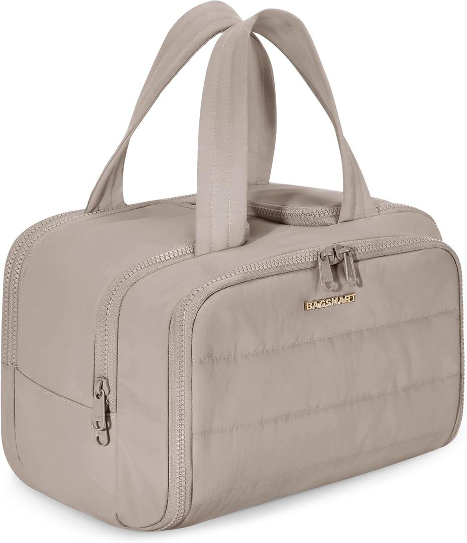 BAGSMART Travel Toiletry Bag, Crush Toiletry Bag for Women, Wide-open Puffy Toiletry Bags for Traveling, Large Travel Cosmetic Makeup Bag Organizer for Accessories,Toiletrie, Grayish Brown