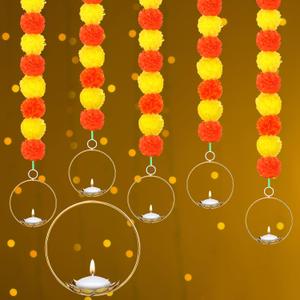 5 Pcs Marigold Garland for Decoration 4 Feet Long Strands Artificial Marigold Flowers Garland for Diwali Party Indian Weddings Pooja (Lotus Candle Holder)