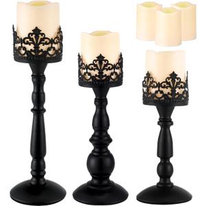 Blosssound 3 Sets Halloween Black Vintage Candle Holder with LED Tea Lights Matte Gothic Tall Holders for Pillar Candles for Halloween Dining Fireplace Home Table Centerpiece