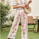 WDIRARA Women's Boho Floral 2 Piece Palazzo Pants Set Short Sleeve Blouse (Pink, L)