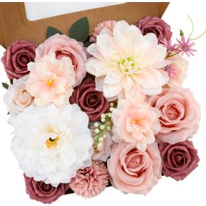 Floweroyal Artificial Flowers Combo Pink Flowers Mix Silk Flowers Dahlia Roses with Stems for DIY Wedding Bridal Bouquets, Baby Shower, Floral Arrangement, Table Centerpieces, Home Decorations (Blush Pink & Light Champagne)