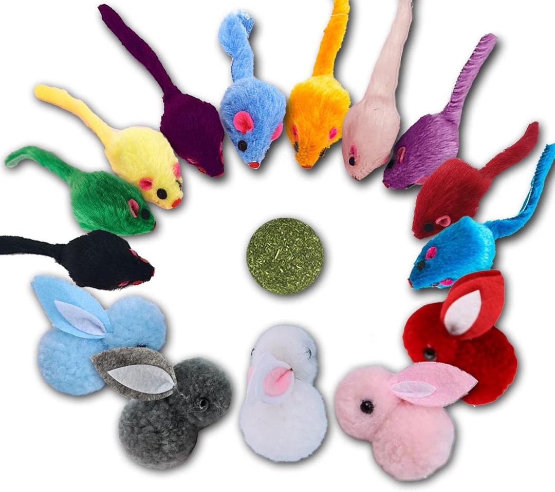 Furry Cat Toys Mice Rattle Interactive Mouse Toy for Indoor Cats Catnip Ball Pet Play Fur Ball Rabbit Assorted Color (16 Piece Set)