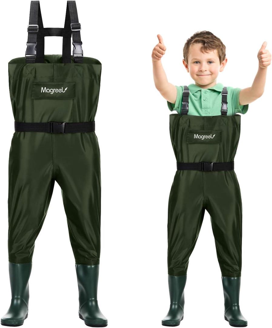 Magreel Child Chest Waders Waterproof Nylon Youth Waders with Boots Fishing & Hunting Waders for Toddler Children Boys Girls (10/11 Big Kid, Green)