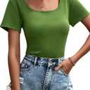 Womens T Shirt Short Sleeve Tshirt Ribbed Basic Tops Tee (Green, L)