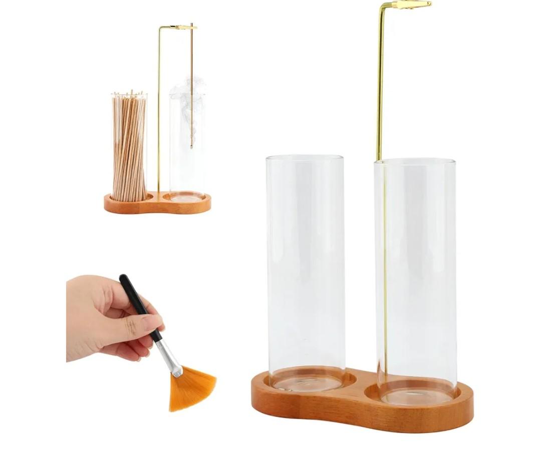 2 in 1 Incense Holder for Sticks with Glass Ash Catcher, Incense Sticks Organizer Anti-Ash Flying Inscents Stick Holder for Yoga Spa Meditation Home Decor(Color:Wood)
