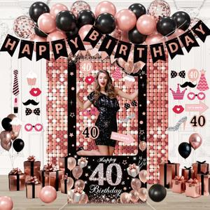 Black Pink Birthday Decorations for Women,Photo Booth Props for girl, Banner, Balloons,Party supplies (40th)