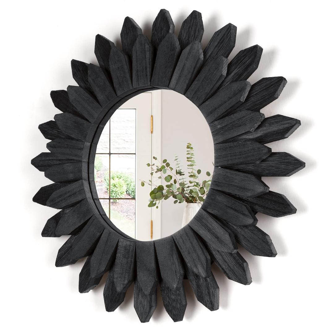 LOSOUR 2 Pack Boho Wall Decor Sunburst Mirror 12 inch Black Round Wood Mirror Boho Mirror Farmhouse Wall Decor for Bedroom Living Room Entryway