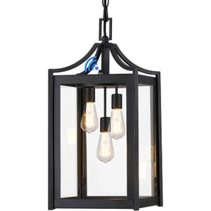 Outdoor Pendant Lights for Porch, 18.5" Large Dusk to Dawn Outdoor Chandelier with Clear Glass, Black Modern Hanging Porch Light, Adjustable Long Chain, OS-KY1004