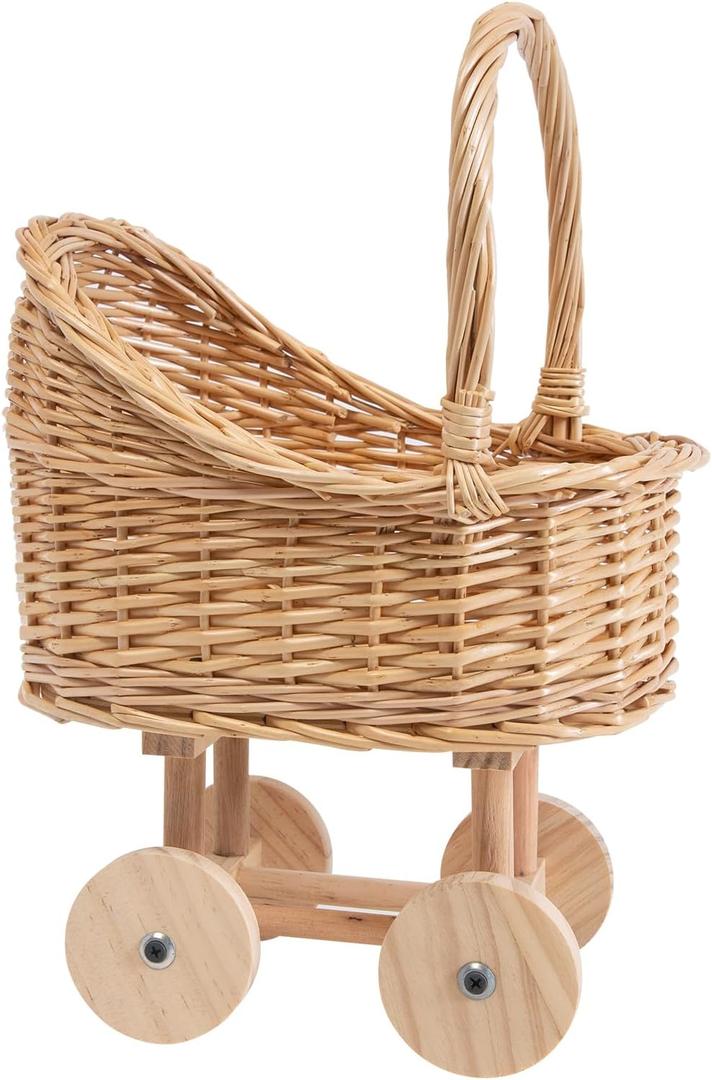 Vintage Woven Rattan Baby Carriage Basket Handcrafted Wicker Stroller for Baby Shower, Flower Girl Basket, Baby Things, Rustic Home Decor, Photography Props, Floral Arrangements (Small)