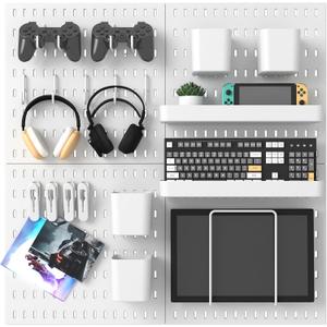 Pegboard Combination Kit, 25.2" x 25.2" Wall Mounted Storage Set with 4 Pegboards & 20 Accessories Hanging, Peg Boards Organizer (White)