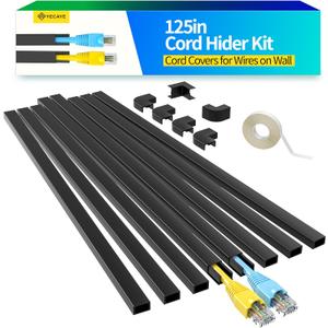 Yecaye 125in Black Cord Hider - One-Cord Channel Cord Cover on Wall - Cable Management Kit - Wire Covers for Cords - Cable Raceway - 8X L15.7in W0.59in H0.4in, CMC03 Black (Small)