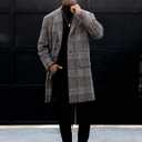 Uaneo Mens Winter Trench Coat Notched Collar Single Breasted Plaid Mid Long Peacoat Overcoats with Pockets (Brown, M)