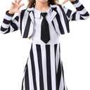 Girls Black White Striped A-Line Tank Dress with Blazer, Character Tank Dress Costume Set 5-14 Years for Halloween