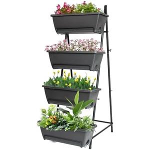 GENMOUS 4 Tier Raised Garden Bed Tall 45'' Vertical Elevated Garden Planter Standing Garden Bed Planter Box with Drainage Holes Removable Tray Outdoor Herb Planter Stand on Patio Balcony Porch Black