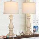 29" Tall Table Lamp for Living Room Set of 2,Vintage Bedside Nightstand Lamps with USB C+A Ports & AC Outlet,3-Way Dimmable Touch Control Desk Lamp for Bedroom,Color 1 (Beige)