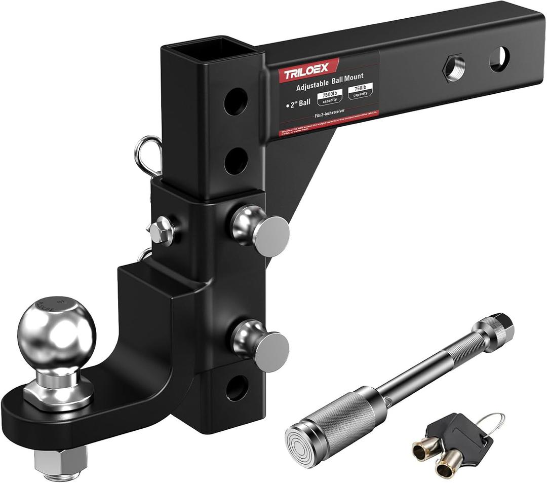 Adjustable Trailer Hitch Ball Mount, Fits 2" Receiver, 2" Tow Ball, 9-1/2" Drop&8-1/4" Rise, 7500lbs Heavy Duty Hitch with Screw-in Locking Pin