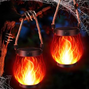 iBaycon 2 Pack Solar Lanterns Lights, Halloween Flickering Flame Garden Lights with 2 Modes Dual Charging USB & Solar, Outdoor Waterproof Hanging Lantern for Party Holiday Halloween Decor (Red)