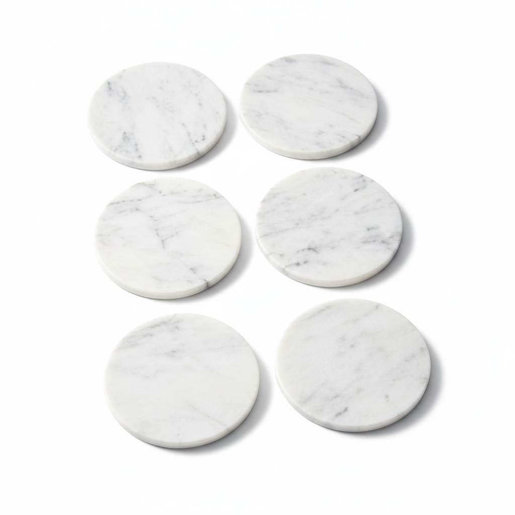 Gusto Nostro White Marble Coasters Set of 6 - Luxury Natural Stone Coasters for Drinks - Genuine Marble Kitchen Accessories, Round Artisanal Stone Coaster for Kitchen Counter, Coffee Table, Home Decor