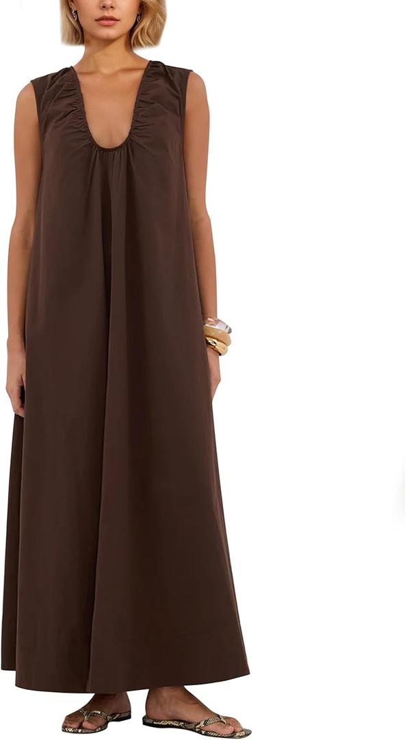 MISSACTIVER Women's Sleeveless Maxi Dress Scoop Neck Ruched Long Dress with Side Pockets Wide Shoulder Elegant Blouse Dresses (Brown) L