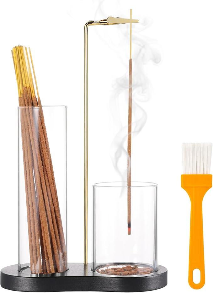Incense Holder for Sticks, 2 in 1 Incense Stick Holder for Sticks with Glass Ash Catcher,AntiAsh Flying No Mess Incense Burner，for Yoga Spa Meditation Home Decor(2 Pack)