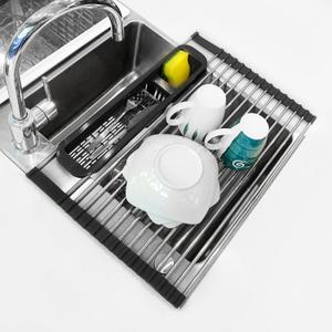 Roll Up Dish Drying Rack Over The Sink, 304 Stainless Stee Dish Drainer, Foldable & Adjustable Sink Drying Rack for Kitchen Sink Counter with Utensil Holder (Black, Roll Up,Small, Expandable)