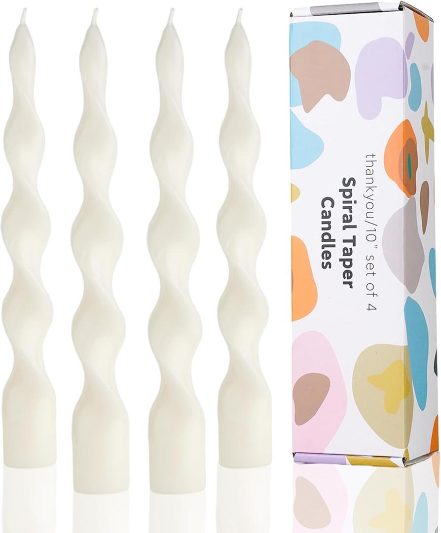 9.8 Inch White Spiral Taper Candles Dripless Twisted Taper Candle Handmade from Vegan Soy Wax for Holiday Wedding Party Home Dinner Decoration Party and Any Occasion,Set of 4(White)