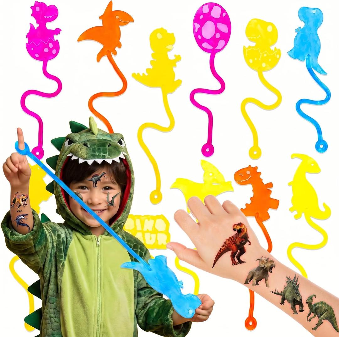 6 x 36PCS Dinosaur Party Favors for Kids - 24PCS Temporary Tattoos + 12PCS Stick Hands Stretchy Fidget Toys, Dino Birthday Goodie Bag Stuffers, Classroom Prizes, Treasure Box, Student Gifts