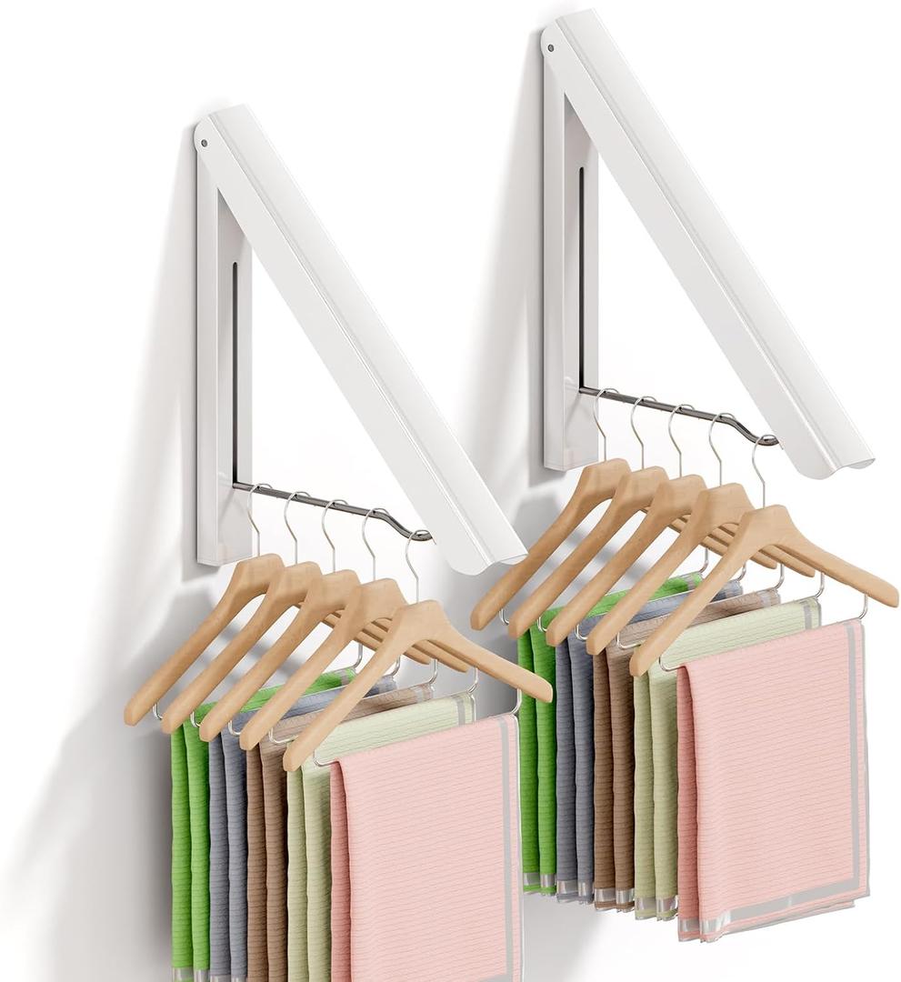 BAKON 2 Pack Clothes Drying Rack Foldable Collapsible, Folding Laundry Rack Wall Mounted Retractable Clothes Hanger for Laundry Room, Indoor & Outdoor Use, Easy Installation, Aluminum (White)