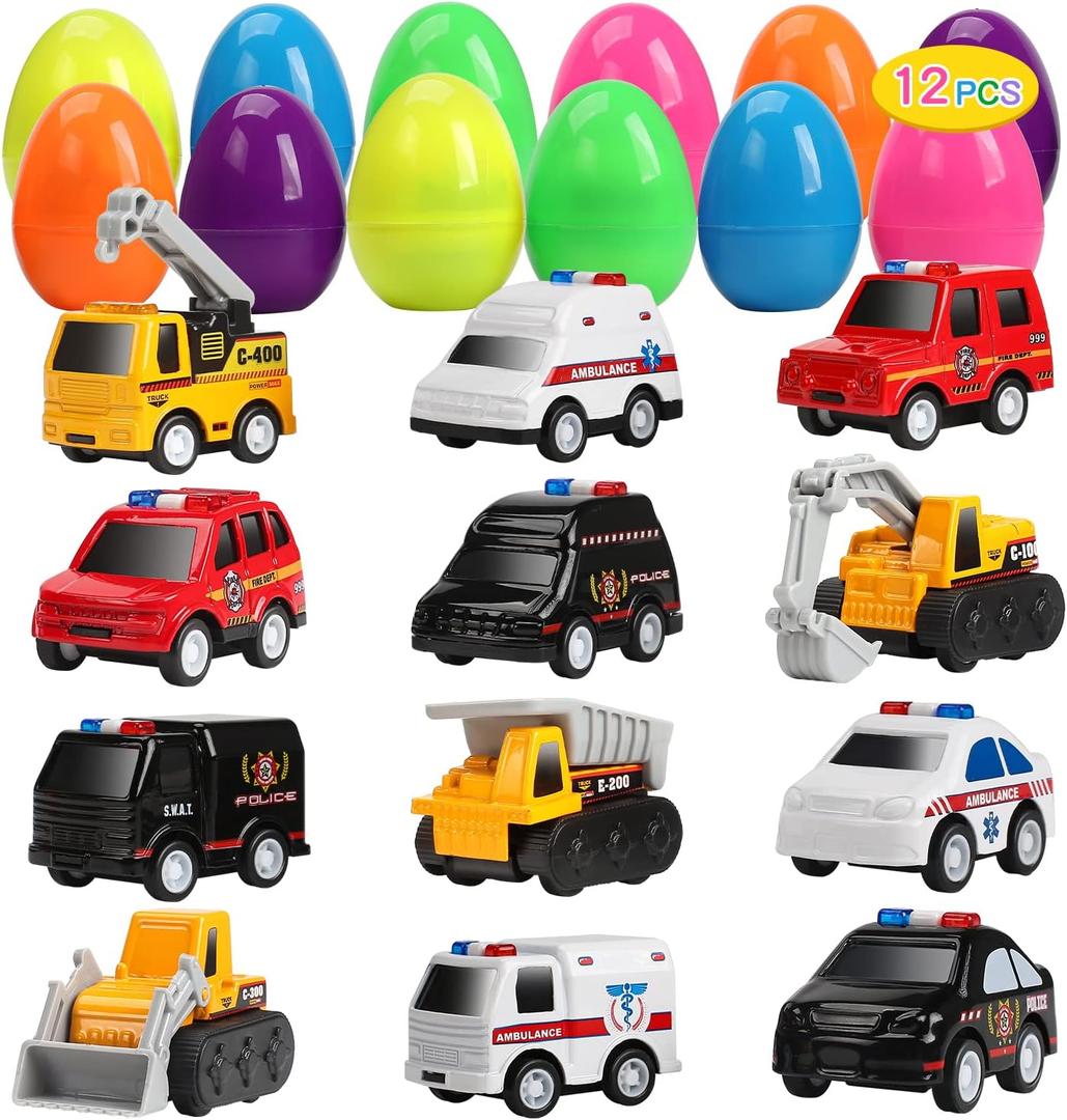 CUTE STONE 12 Pack Filled Easter Eggs with Alloy Pull Back Cars, Easter Basket Stuffers Easter Party Favors for Kids