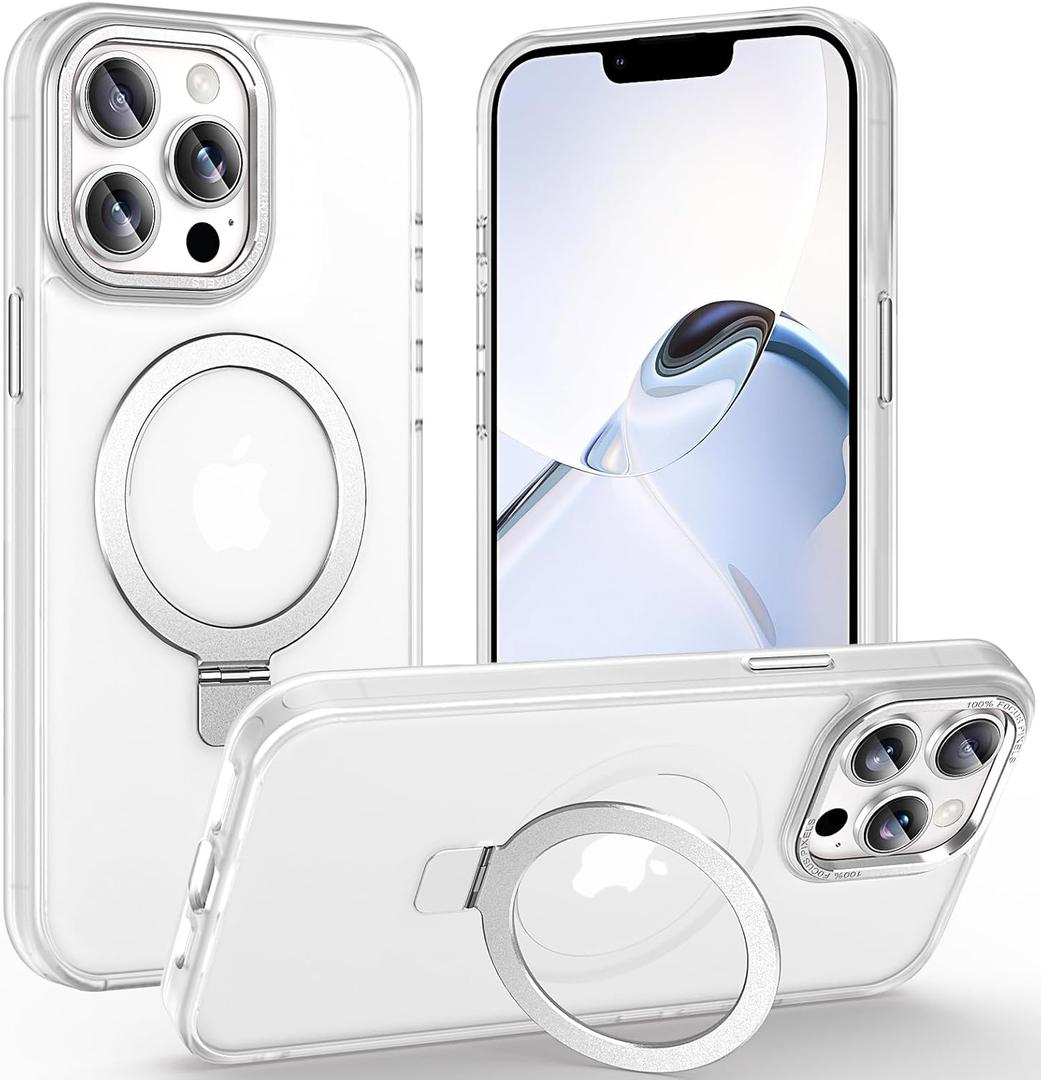 Magnetic for iPhone 13 Pro Case with Ring Stand, [10 FT Drop Protection] [Velvety Touch] Slim Translucent Matte Back Shockproof Phone Case for iPhone 13 Pro 6.1'', Frosted White