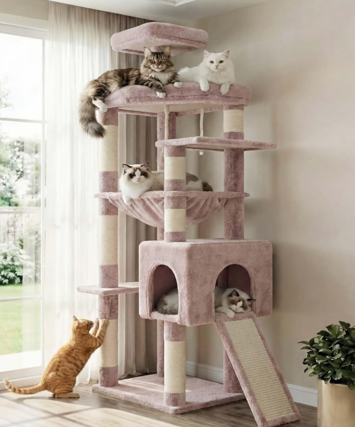 Heybly Heavy Duty Cat Tree, 64.2-Inch Tall Tower for Large Indoor Cats with Widened Structure, Cat Furniture with Big Platforms, Extra-Large Hammock, Sisal Scratching Posts & Board, Muchroom HCT027MU