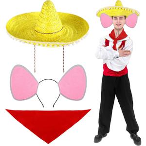 Mepase 3 Pcs Halloween Mexican Mouse Cosplay Costume Set for Adult Include Red Bandana Yellow Mexican Sombrero with Large Ears Headband Rat Mouse Cosplay Outfit for Halloween Dress up Party Supplies