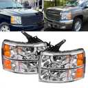 Headlights Assembly for 2007 2008 2009 2010 2011 2012 2013 Chevy Silverado 1500,07-14 Silverado 2500HD 3500 Halogen Headlamp, OE Style (Chrome Housing Headlight)