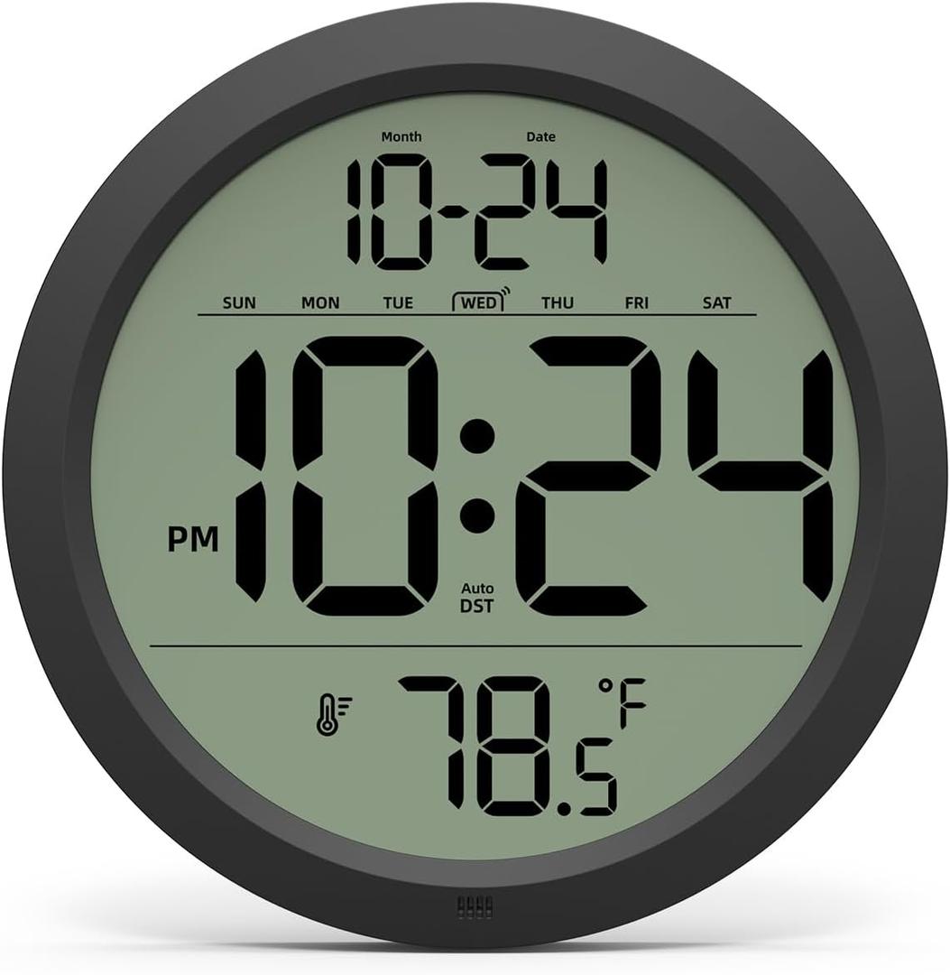 Digital Wall Clock with Date, Indoor Temperature, Auto-DST, Battery-Operated Digital Clock, 8 Inch Small Decorative Wall Clock for Bedroom, Living Room, Home, Kitchen, Office, Modern, Electric, Simple