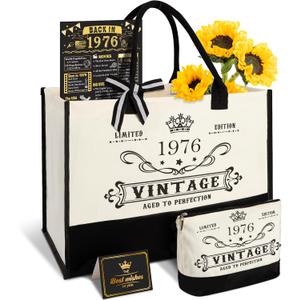 YeohJoy 50th Birthday Gifts for Women Canvas Tote Bag Travel Gear, Unique 50 Years Old Birthday Gifts for Mom Wife Aunt Friends Her, Vintage 1976 Handbag & Cosmetic Bag & Back in 1976 Poster