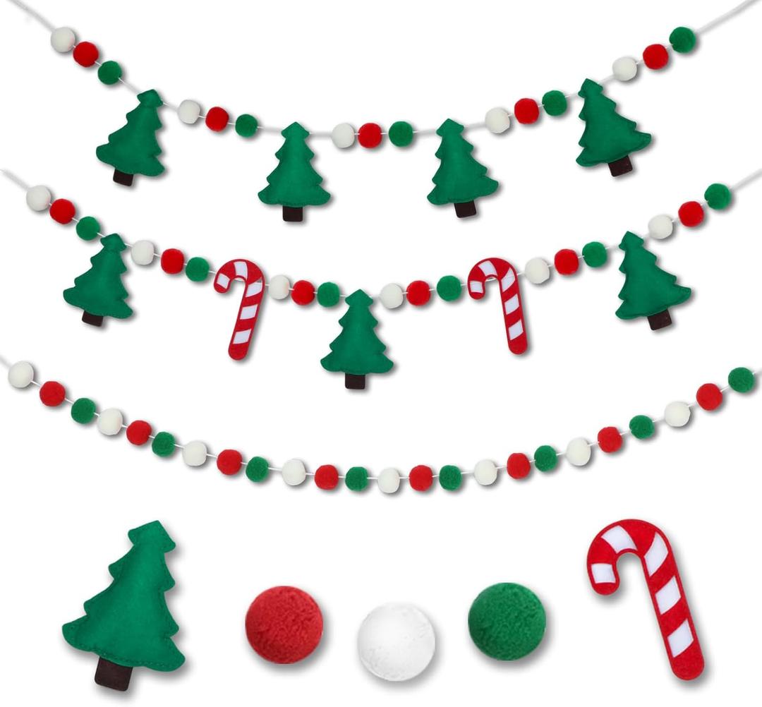 3 PCS 3D Felt Christmas Tree Garland 8.2FT Candy Cane Xmas Tree Banner Pom Pom Garland Hanging Felt Balls Christmas Decorations Red Green White for Classroom Fireplace Office Wall Window Home