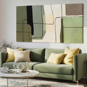 Framed Green Abstract Wall Art and White Modern Wall Decor, Modern Canvas Prints for Living Room, Bedroom, or Office, 24" x 48"