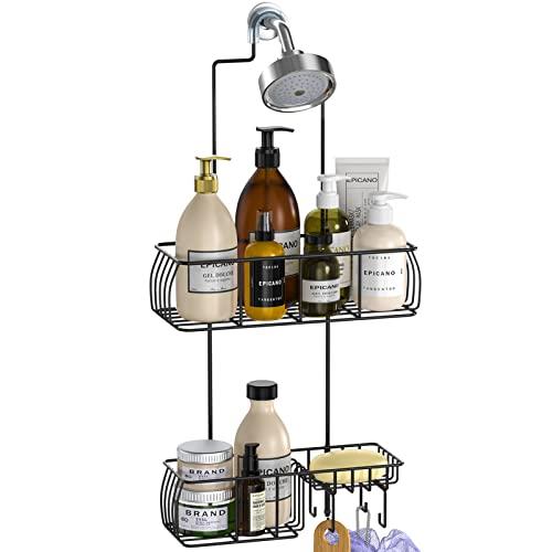 Shower Caddy Hanging, Anti-Swing Over Head Shower Caddy Rustproof with Hooks for Towels, Sponge and More, Matte Black