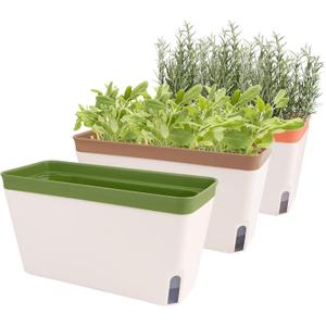 OurWarm Windowsill Herb Planter Box Indoor Set of 3, 10.5 Inch Self Watering Planter Pots with Visual Water Level Window, Modern Plastic Plant Pots for Herbs, Vegetables, Succulents Plants